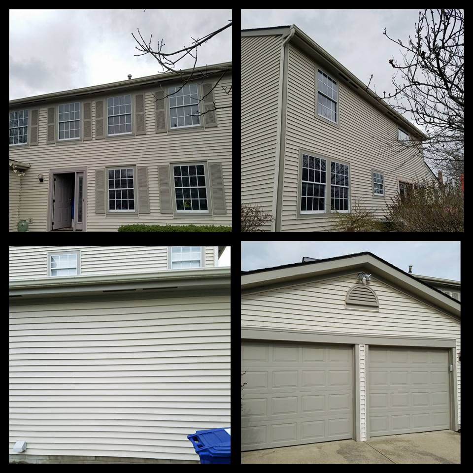beige siding, apartments and extterior garage cleaned