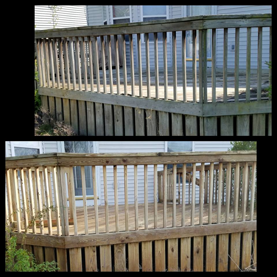 wooden deck, wood fence on deck, power washed